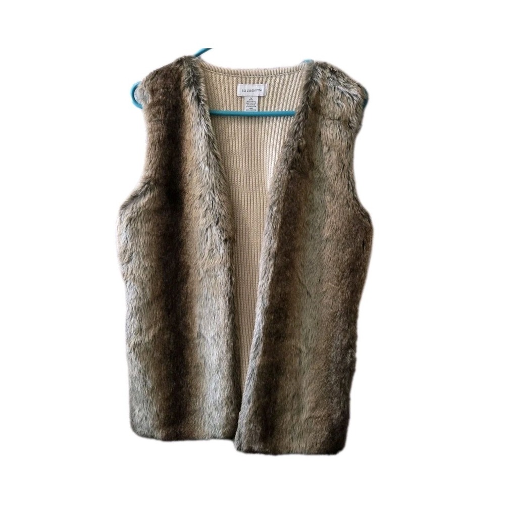 Liz Claiborne Faux Fur Knit Vest Women's Large Brown‎ Tan Sleeveless Open Front
